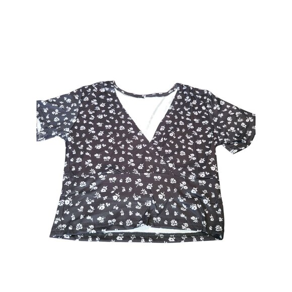 Black Floral V-Neck Stretchy Crop Top With Short Sleeves Small - Picture 5 of 7
